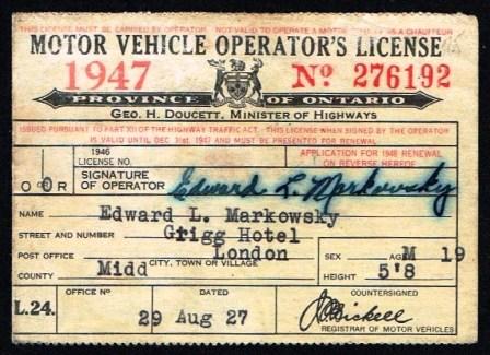 Image for Motor Vehicle Operator's Licence, 1947; Province of Ontario