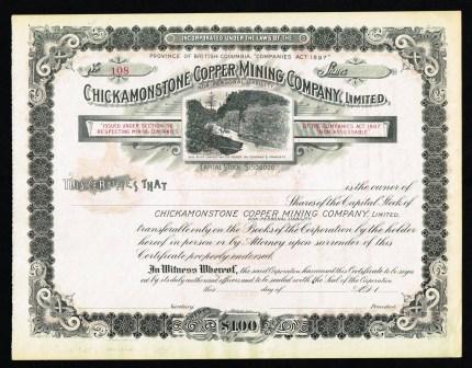 Image for Share Certificate from the Chickamonstone Copper Mining  Company of British Columbia, C1897