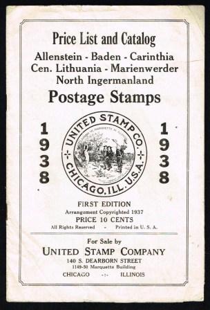 Image for Price List and Catalog of Postage Stamps - Allenstein, Baden, Carinthia, Central Lithuania, Marienwerder, North Ingermanland; 1938