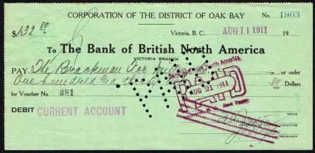 Image for Cancelled Cheque drawn on the Bank of British North America, Victoria, BC Branch; 1912