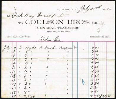 Image for Coulson Brothers, General Teamsters; Commercial; Invoice, Victoria, BC,. 1911
